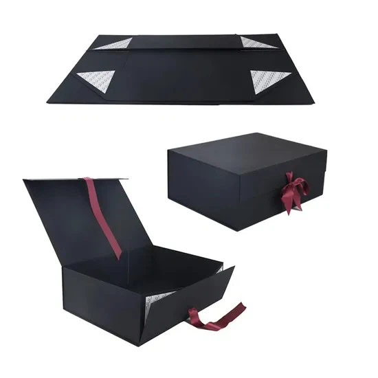 Durable Black Shoe Folding Box With Magnetic Lid With Ribbon Folding Box Luxury With Lid Packaging Folding Box